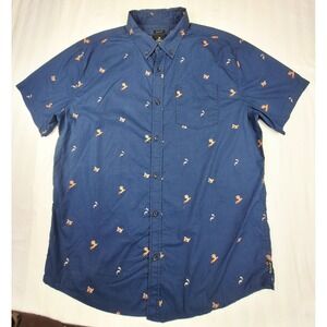 Prana Mens XL Slim Fit‎ Organic Cotton Short Sleeve Button Down Shirt Navy Shark